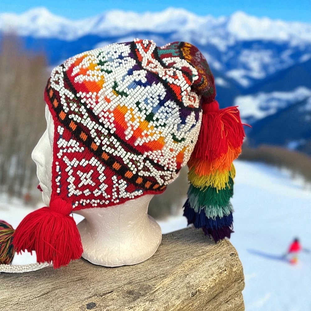 Peruvian Chullo Ceremonial Hand Beaded Wool Hat with Tassels - Picture 2 of 4